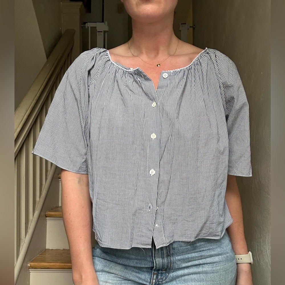 Steven Alan blue stripe scoop neck button up blouse - small